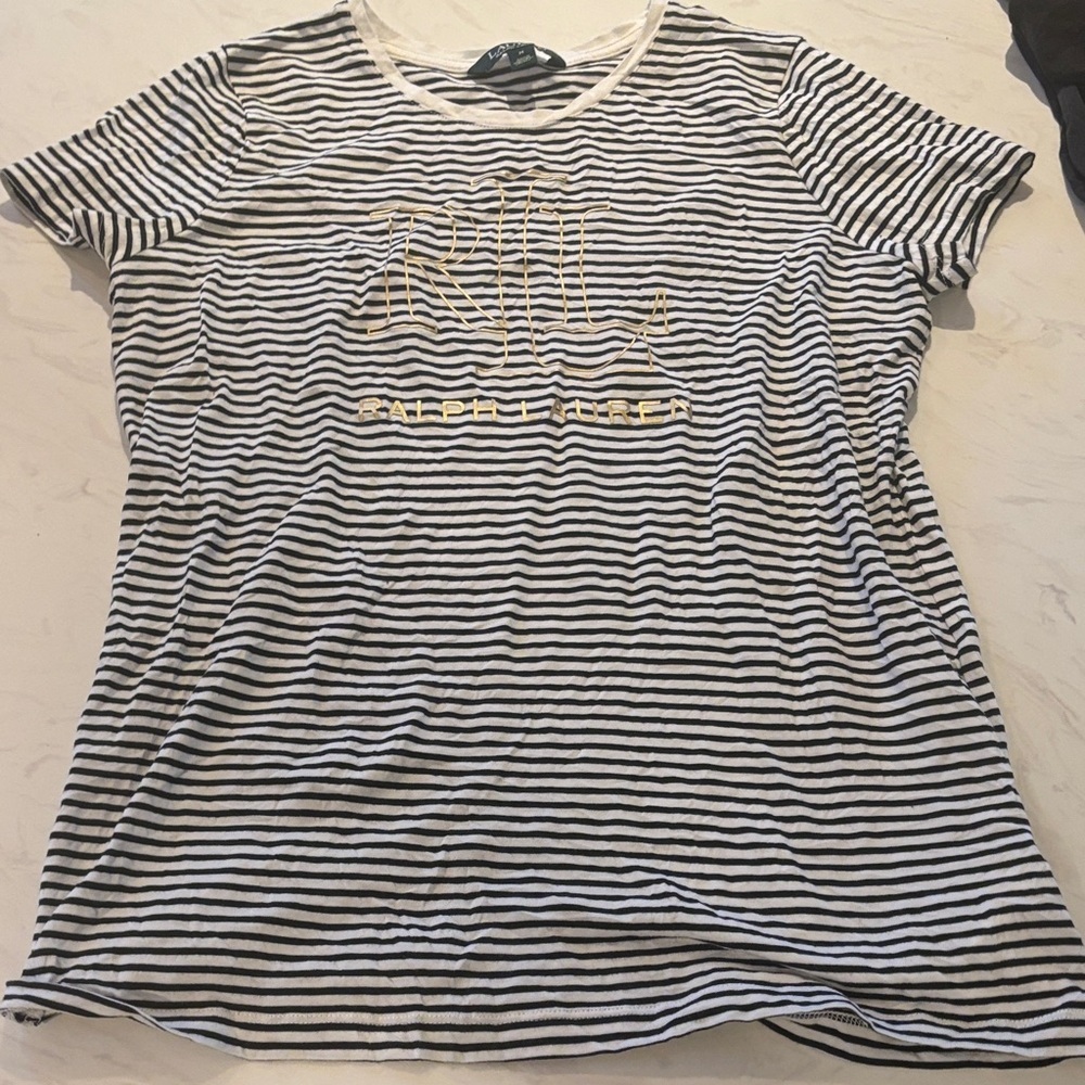 Ralph Lauren Black and White Striped Women's Top with Gold Foil Name Design